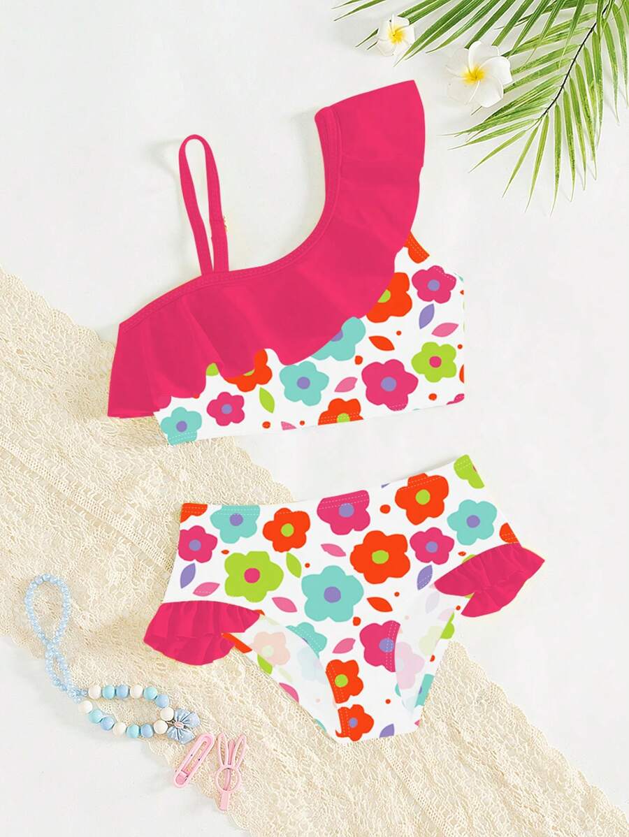 SHEIN 女童花卉印花单肩荷叶边比基尼套装，家庭装妈妈和我（4 件单独出售） - 彩色 - 查看 1