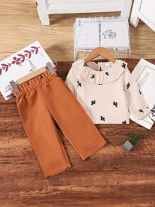 SHEIN 2pcs/Set Baby Girls' Cactus Print Long Sleeve Outfit - Brown - View 3