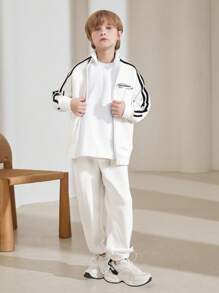 SHEIN 2pcs Set Tween Boy Casual Sports Letter Graphic Hooded Sweatshirt & Pants, Suitable For Commute, School, Daily Casual, Sports, Autumn/Winter