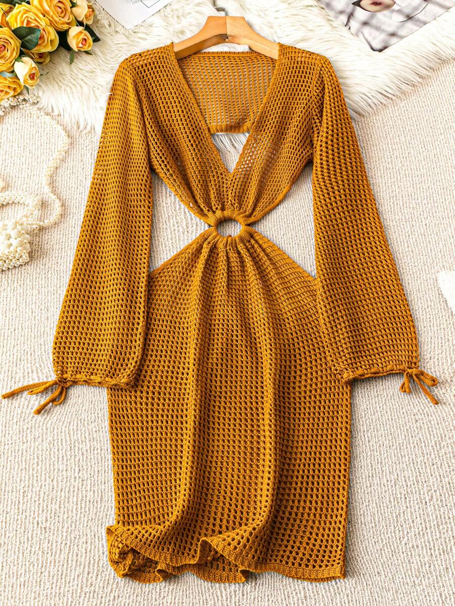 SHEIN Swim 纯色镂空针织罩衫连衣裙,适合海滩度假 - 黃色 - 查看 1