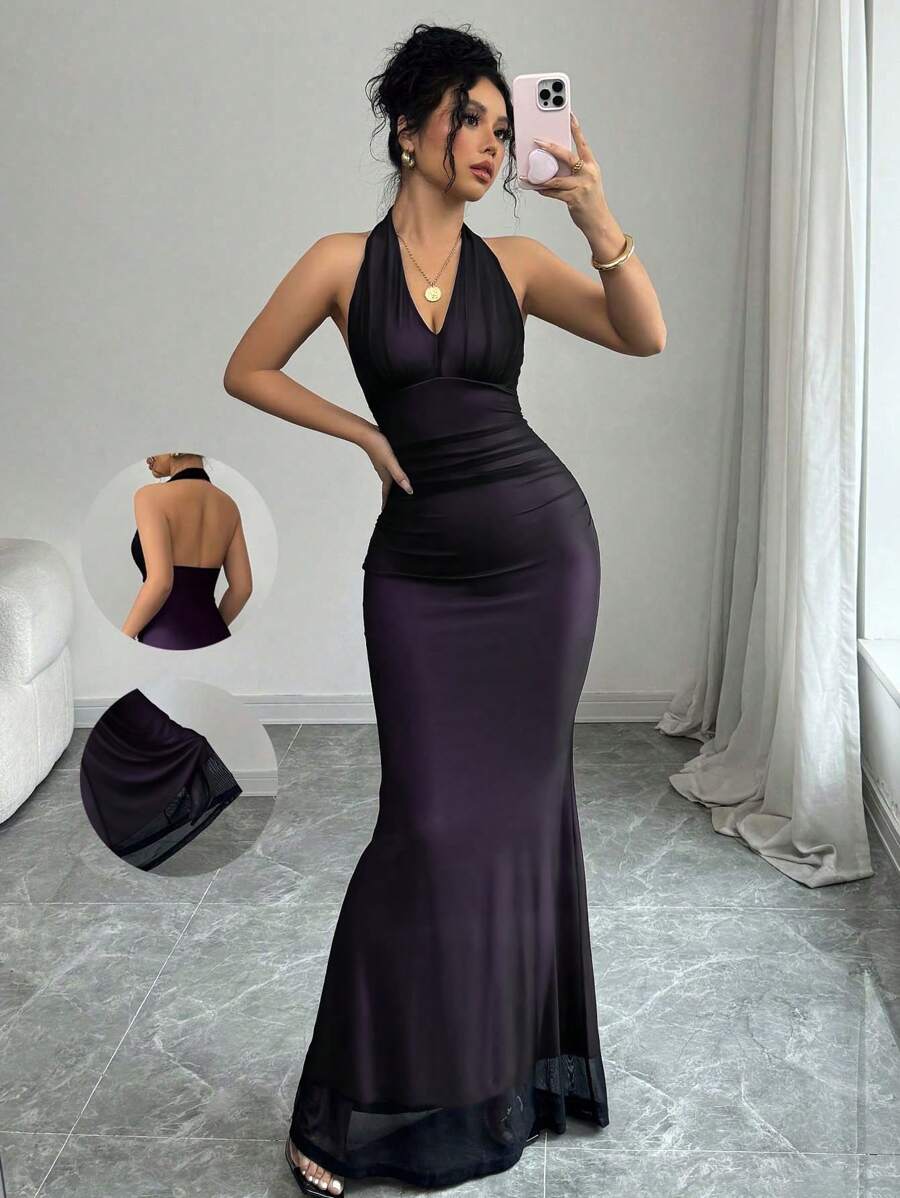 Rafferiza 女式优雅紧身鱼尾下摆 V 领收腰褶皱网眼洋红色衬里长裙，秋冬 - 彩色 - 查看 1