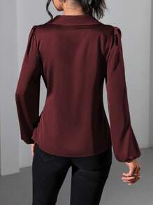 EMERY ROSE Women's Shiny Fabric Shirt With Side Tie And Puff Sleeve, Versatile And Stylish Fall Cloth For Women - Burgundy - View 2