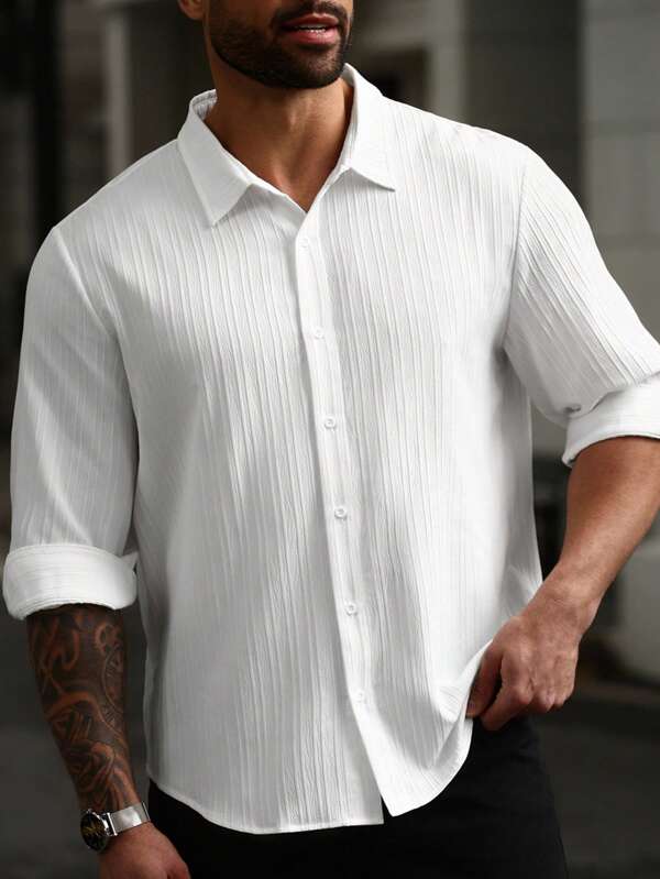Manfinity CasualCool Plus Size Men's Long Sleeve Solid Color Single-Breasted Casual/Business Shirt Men Dress Shirts Short Men Short Sleeve Dress Shirts White Suit Men