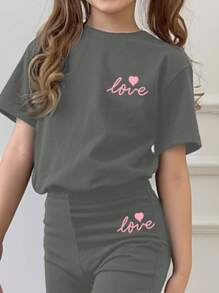 SHEIN 2 stuks Meisjes Casual Eenvoudige Ronde Hals Korte Mouw Top En Broek Set, Geschikt Voor De Zomer