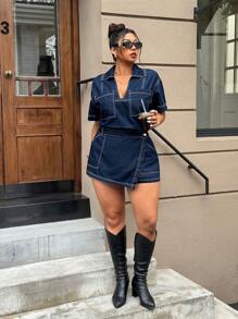 SHEIN ICON Quần denim ngắn thường ngày có túi viền bất đối xứng cho nữ cỡ lớn - Rửa tối - Xem 8