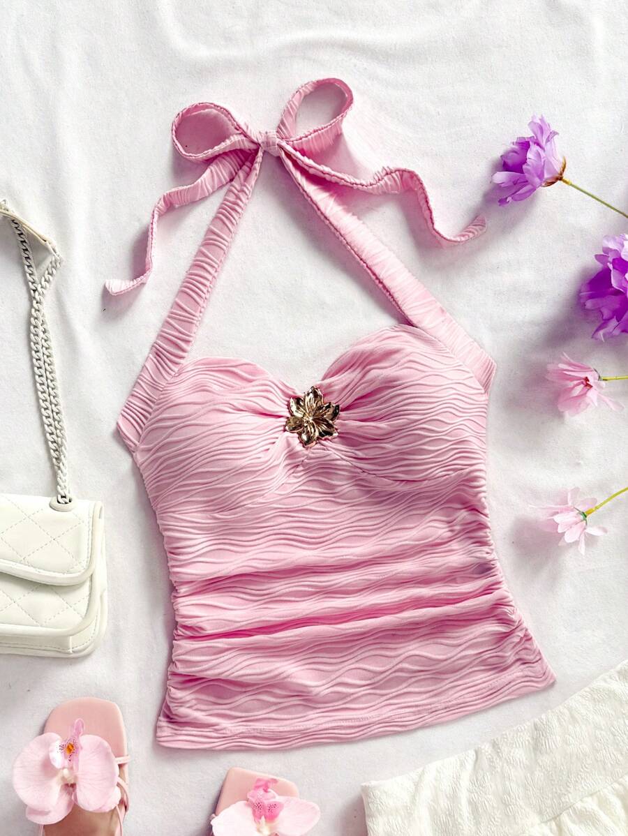 Soleia V 领花卉金属扣系带针织纹理修身女士度假吊带背心，适合音乐节、波西米亚风、度假、约会、下午茶