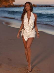 SHEIN BAE 女士夏季性感华丽珍珠白亮片波西米亚风海滩度假演唱会露背俱乐部性感上衣 - 白色 - 查看 7