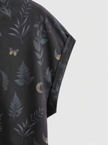 ROMWE Goth Camisa informal de mujer con estampado completo de luna y planta con estilo gótico