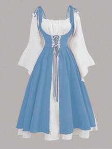 SHEIN MOOSTA Plus Size Casual Color Block 2 In 1 Drawstring A-Line Long Dress Maxi Women Outfit - Multicolor - View 1