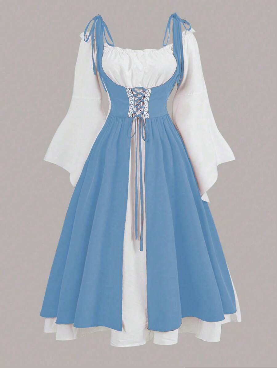 SHEIN MOOSTA Plus Size Casual Color Block 2 In 1 Drawstring A-Line Long Dress Maxi Women Outfit - Multicolor - View 1