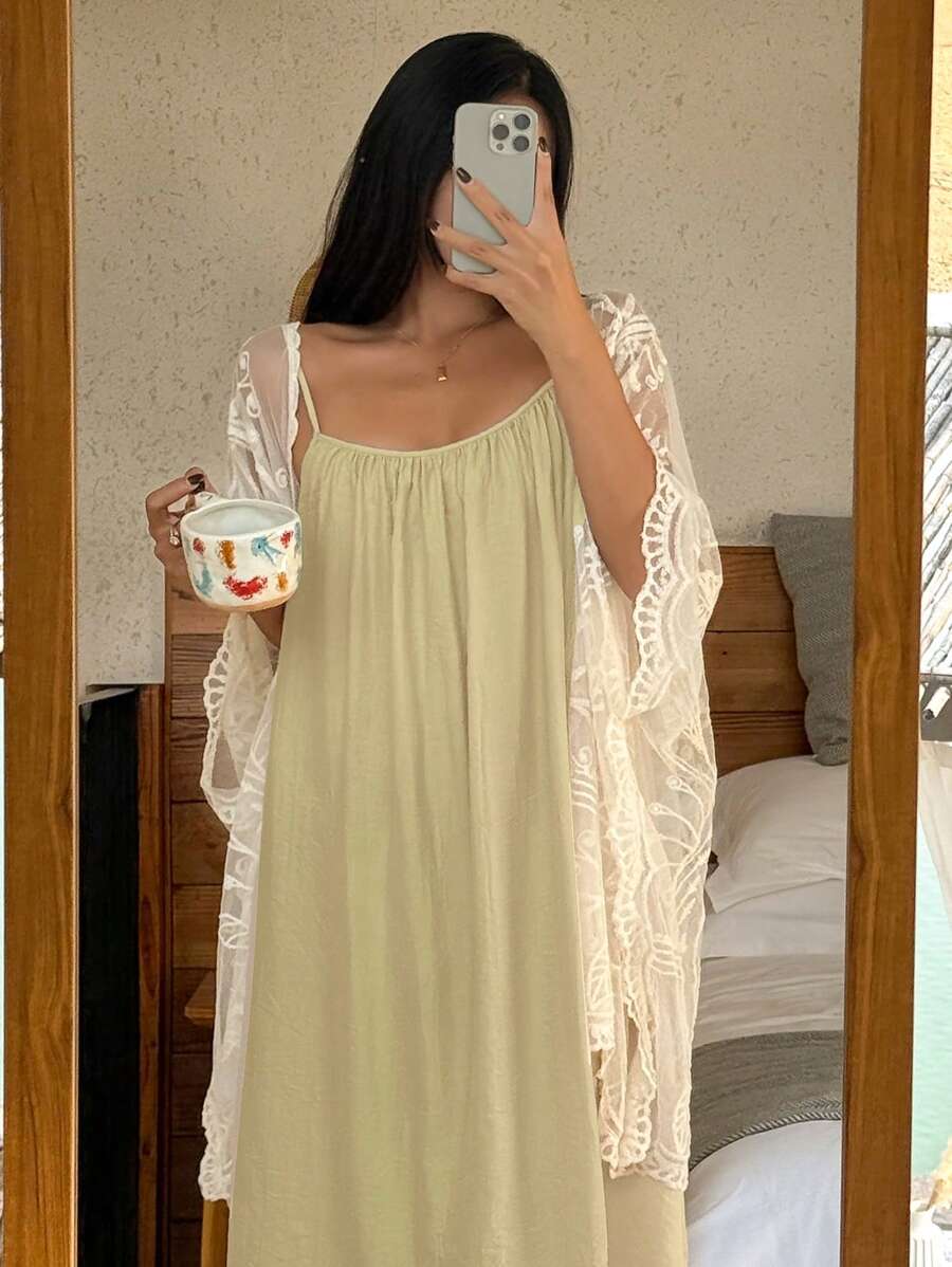 DAZY 2pcs Set Women Lace Cami Sleep Dress And Robe Pajama Set, Loose Fit, Fall Winter Clothes - Yellow - View 1