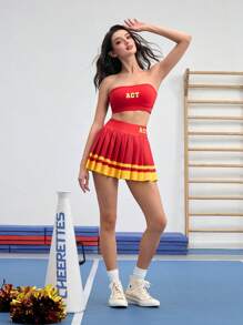 Cheerettes Yogurt Colorblock Letter Print Pleated A-Line Sports Skirt, Summer - Red - View 5