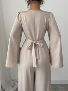 Elenzga Women's Elegant Draped Neck Cinched Waist Satin Jumpsuit