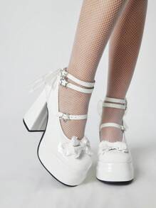 ROMWE Kawaii 女士封闭式鞋头厚底哥特式鞋，粗跟，交叉带蕾丝花边，玛丽珍高跟鞋情人节春季鞋