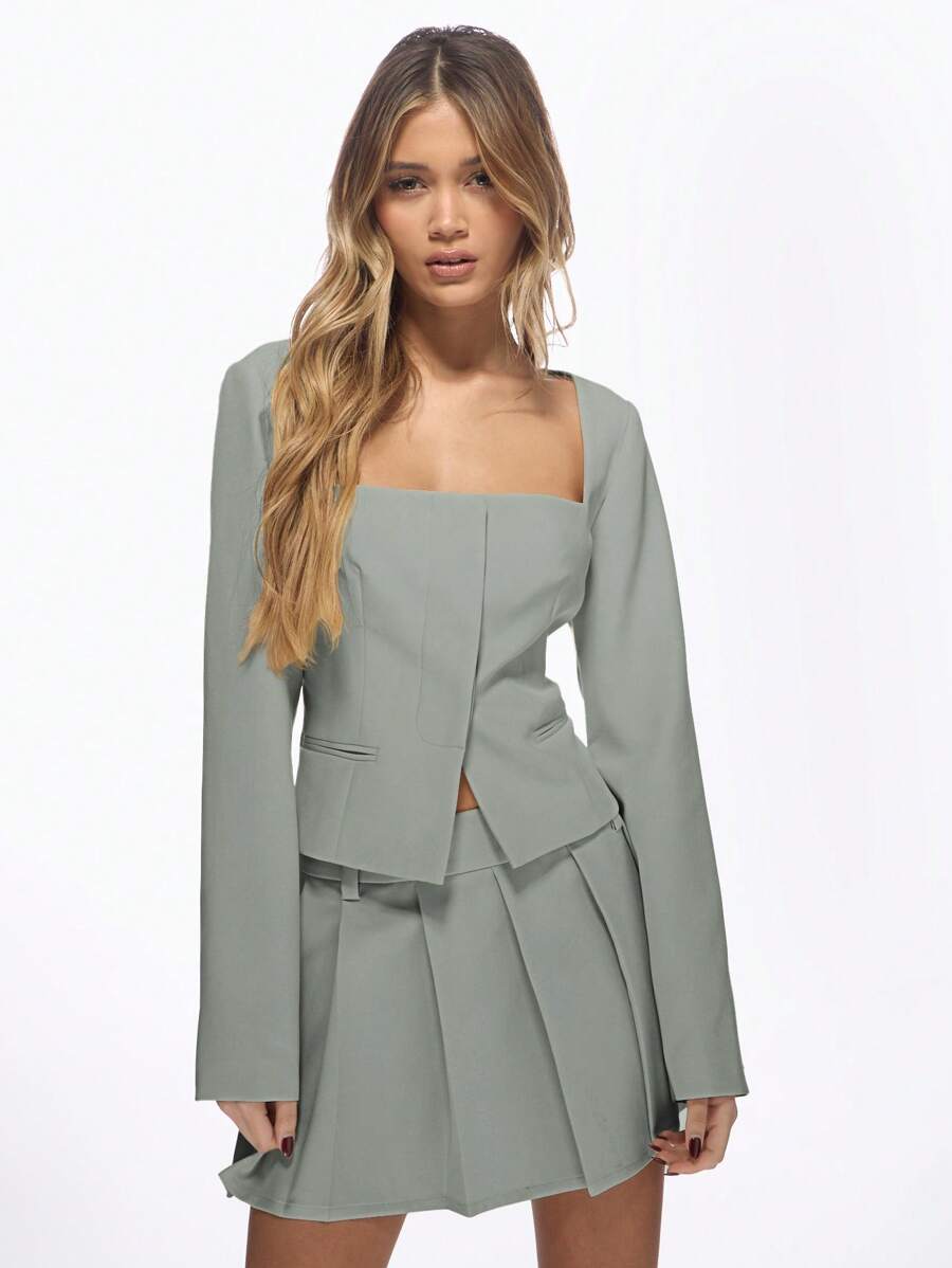 MISSGUIDED Áo khoác Blazer cổ vuông chuyên nghiệp, thiết kế riêng cho công sở, thanh lịch, tay dài, dự tiệc tối, thời trang xuân thu - Màu xanh Bạc hà - Xem 1