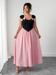 Elenzga Plus Size Black Knit Fabric Dress With Bowknot Strap Decor, V-Neck, Inverted Triangle Waist Design, Full Flare Skirt, Slimming Silhouette, Suitable For Leisure, Vacation, Garden Party, Dating, Hanging Out With Friends, Beach, Park Picnic, Commuting, Shopping, And Photo Shoots. Comfortable Fabric, Unique Design, High Cost-Effective - Pink - View 5