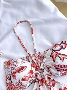 SHEIN Teen Girl Red & White Vacation Positioning Print, Halter Neck Hollow Out Cinched Waist Casual Vacation Dress