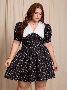 SHEIN MOD Abito con stampa a fiori piccoli, colletto alla coreana e maniche a gigot, adatto per il Giorno della Madre, 4 luglio, laurea, abito da sera, abito casual estivo, abito elegante estivo, abito da donna taglie comode, abito da donna casual estivo, abito corto estivo da donna, adatto anche per Ognissanti e compleanni