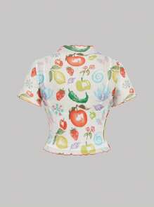 SHEIN MOD 加大码可爱蔬菜水果印花T恤，两件套，适合女孩休闲度假。女士夏季上衣。女士沙滩装 - 彩色 - 查看 2