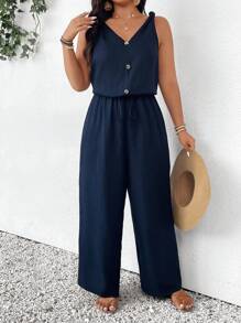 SHEIN Frenchy Damen Große Größen Jumpsuit mit Twist-Knoten, V-Ausschnitt und Taillenbund