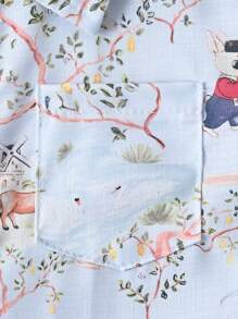 Vintaside Kids 2 件/套男婴卡通森林动物印花短袖 T 恤和短裤套装。衬衫可搭配白色汗衫，打造阳光时尚的外观。柔软舒适的面料，可爱休闲的风格，适合春夏季外出、户外玩耍、度假、日常穿着和旅行。 - 藍色 - 查看 7