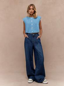 MISSGUIDED Shoulder Pad Sleeveless Button Front Knit Vest Crop Top Summer Spring Casual Basic Tank Ribbed Minimalist Modern