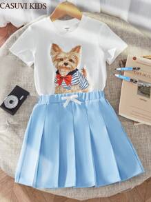 SHEIN 2pcs/Set Young Girl Round Neck Short Sleeve T-Shirt And Mini Skirt, Fashion Summer Set Toddler Girl Clothes 6t - Baby Blue - View 3