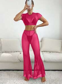 SHEIN Swim Sheer Mesh Cropped Top And Bell-Bottom Pants Suit, Sexy Outfit For Summer - Hot Pink - View 3