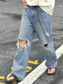 DAZY Spring/Summer Plain Blue Ripped Men's Denim Jeans - Blue - View 3