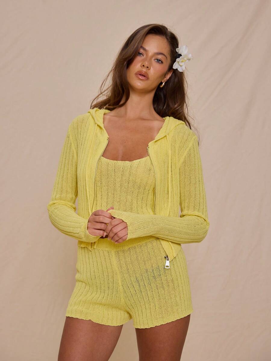 MUSERA Rib Knit Fitted Baby Hoodie Only Spring Summer Vacation Cute Elegant Sweet Escape Beach Club Holiday - Yellow - View 1