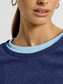 AiiRZ Ribbed Long Sleeve Casual Top With Baby Blue Trim Winter Basic Layer Double Neck Detail Fitted Workout Athletic Running Yoga Fall Essentials