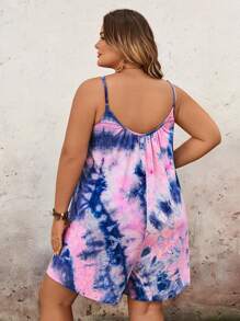 SHEIN CURVE+ Mono casual con pliegues y efecto tie-dye con tirantes de espagueti para mujer de talla grande para verano, Curve Plus, Hoho - Atuendos para vacaciones/playa para mujer, vestido de playa, atuendos para vacaciones en la playa, artículos esenciales de playa, vestido para graduación/té.
