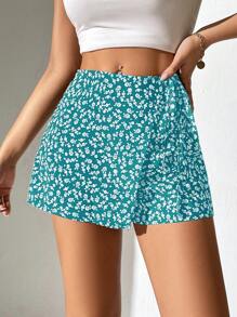 SHEIN PETITE 小碎花印花结饰侧裹下摆夏季短裙 - 綠色 - 查看 6