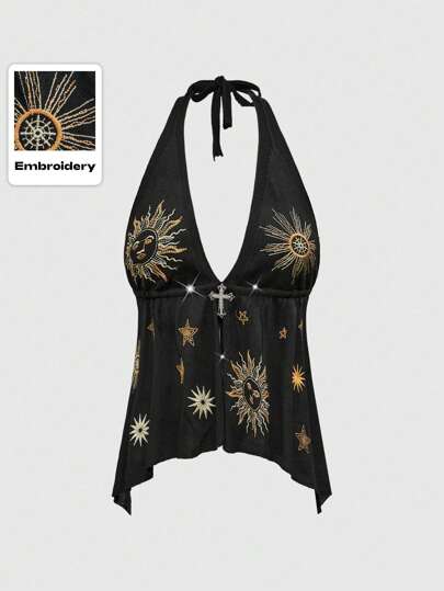 Top tricoté sexy à l'encolure en V avec étoile rétro hippie et lune brodées pour femmes