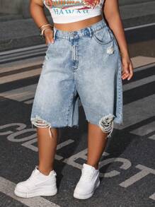 Dripcurv Quần short denim xanh nhạt cỡ lớn dành cho nữ, thiết kế viền tua rua cổ điển, hoàn hảo cho kỳ nghỉ hè. - Màu xanh lam - Xem 6
