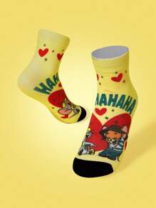 TOM & JERRY X SHEIN 1 Cặp Vớ Ngắn Màu Vàng Thời Trang Họa Tiết Chữ & Hoạt Hình Cho Nữ - Màu vàng - Xem 2