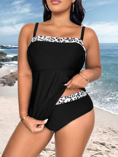 Swim Lushoire Plus Size Women Summer Vacation Beach Patchwork Leopard Print Tankini Swimsuit Set
