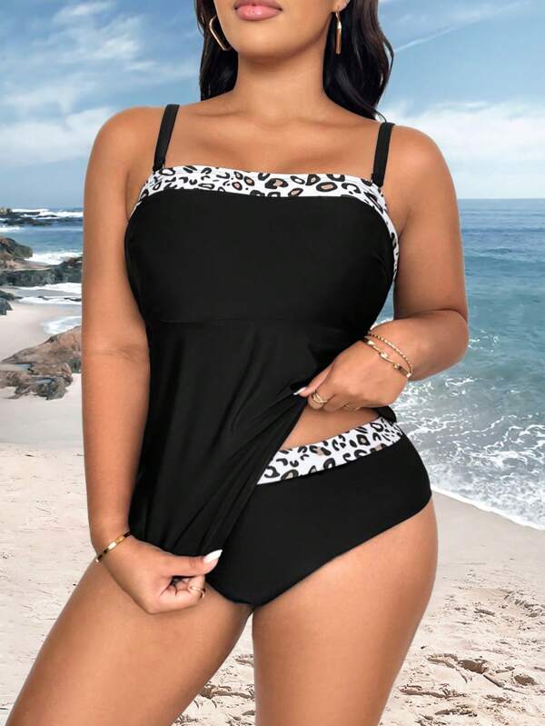Swim Lushoire Completo da bagno a tankini in taglie forti da donna, con stampa leopardata e effetto patchwork, ideale per le vacanze estive in spiaggia