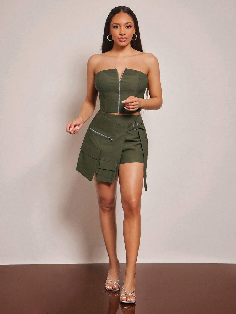 Vixey Falda pantalón con bolsillo de carga tejida sólida, falda pantalón para mujeres, verano para mujeres, brunch para mujeres - Verde militar - Ver 1