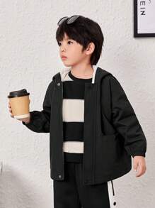 SHEIN 男小童字母圖案加絨內裏連帽外套