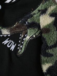 SHEIN Young Boy Dinosaur Print Striped Trim Varsity Jacket - Black - View 6