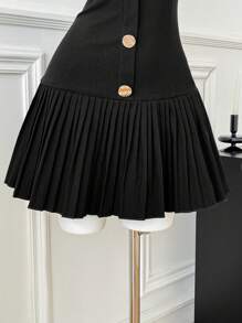 Comfortcana Vestido mini de mujer de verano con botones frontales, plisado en el bajo y bandeau de unicolor - Negro - Ver 5
