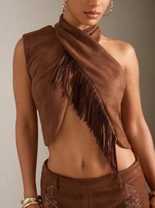 Hauture Asymmetric Halter Top With Tassel Trim - Brown - View 4