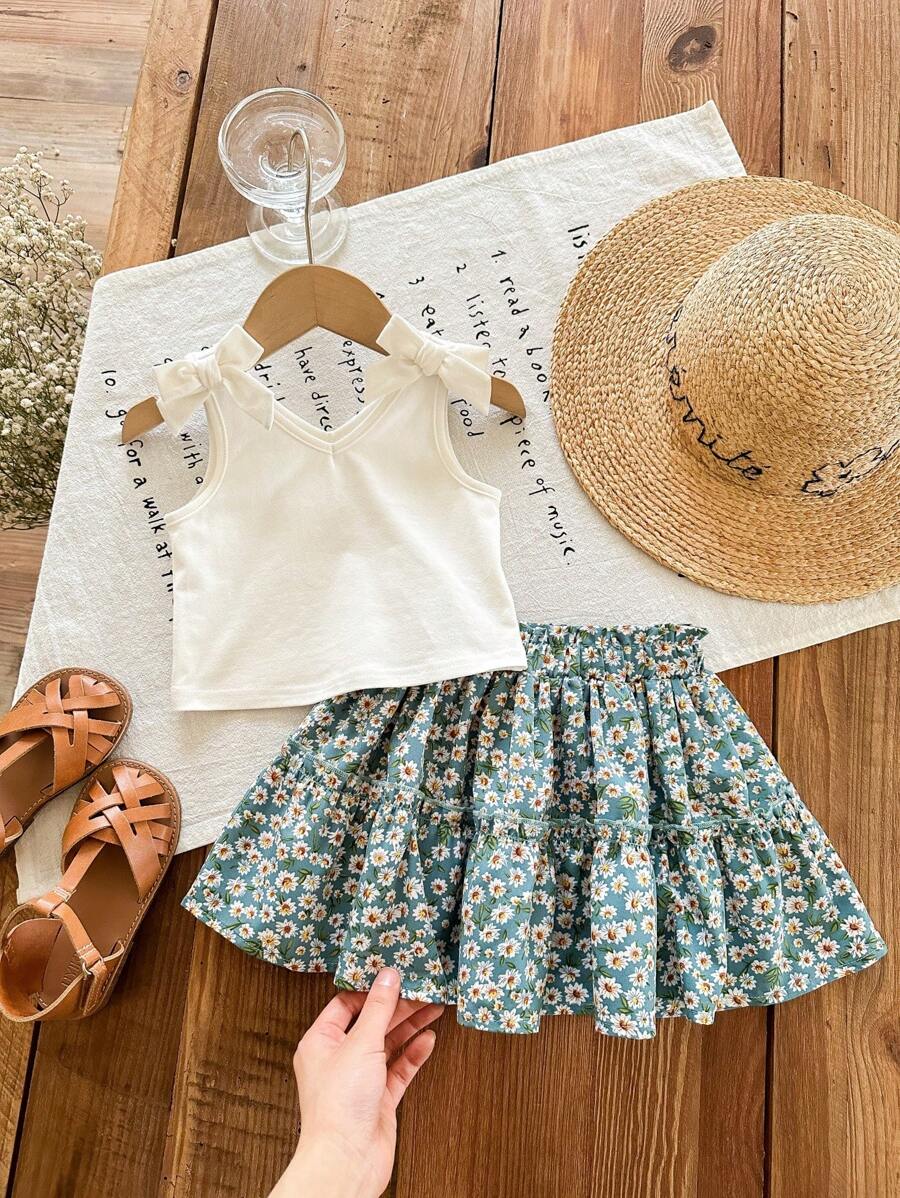 SHEIN LMoss Kids LMoss 女婴针织纯色吊带背心 + 印花雪纺迷你裙 2 件套 - 綠色 - 查看 1