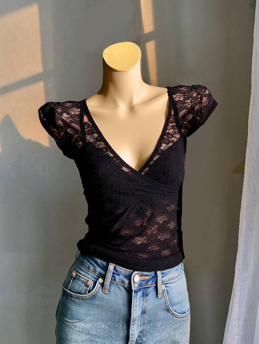 INAWLY T-shirt d'été sexy et transparent en dentelle pour femmes, avec cordon de serrage sur le côté