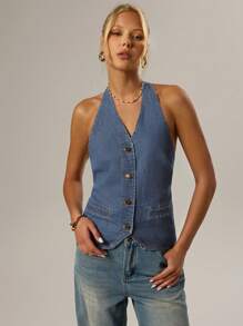 SHEIN Forever 21 全新春季女式露背无袖系带水洗牛仔短款上衣 - 藍色 - 查看 4