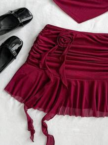 Soleia 2 Pieces Set: Solid Color 3D Floral Tube Top & Mini Skirt,Summer Sets - Burgundy - View 8