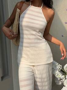 Siren Gaze Women Summer Solid Color Casual Holiday Halter Top And Pants 2 Pieces Set Women Summer Set See Through