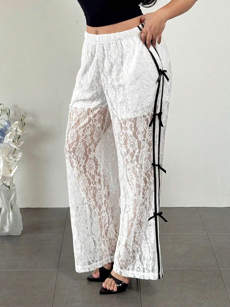 Firerie Pantalon large blanc casual de sport avec décor de dentelle et nœud bicolore noir et blanc, tailles plus pour femmes - Noir et Blanc - Voir 1