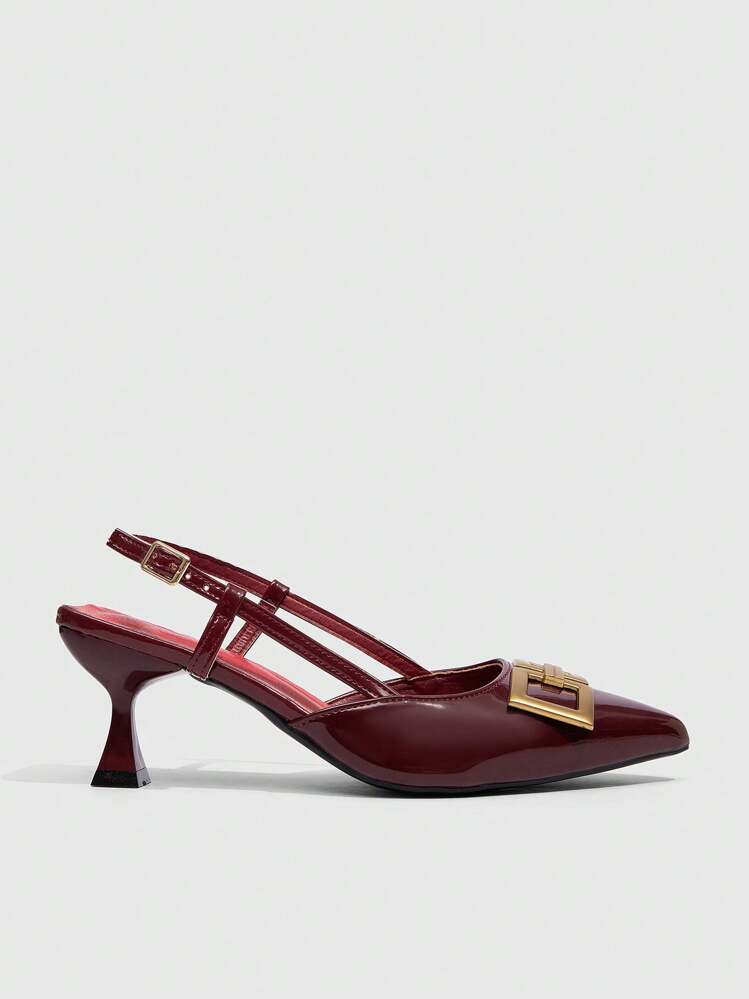 CUCCOO BIZCHIC Women's Pointed Toe Low Heel Wine Red Slingback Commuting Work Pumps For Christmas Valentine's Day Spring Shoes - Burgundy - View 3